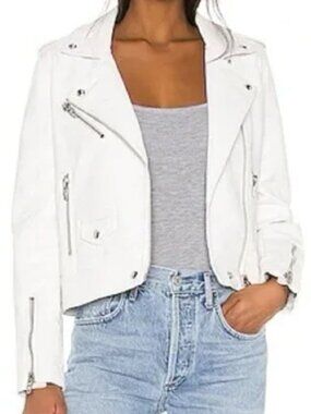 Blank NYC Women's Cropped Moto Full Zip Jacket Size Large White Cotton